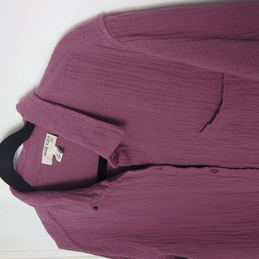 Anne Klein Sz L Purple Button Up Long Sleeve Bubble Cotton Shirt - Picture 3 of 5